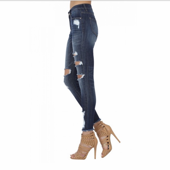 Medium Rise Distressed Dark Wash Jeans - Picture 2 of 8